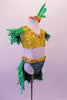 Three-piece bird themed costume with oodles of green feathers had a gold beaded sequined half-top with jewelled accents and neckline and an attached large green feathered collar. The green brief sits beneath the gold sequin, jewelled waistband with feathered bustle. Comes with a feathered hair accessory. Side