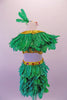 Three-piece bird themed costume with oodles of green feathers had a gold beaded sequined half-top with jewelled accents and neckline and an attached large green feathered collar. The green brief sits beneath the gold sequin, jewelled waistband with feathered bustle. Comes with a feathered hair accessory. Back