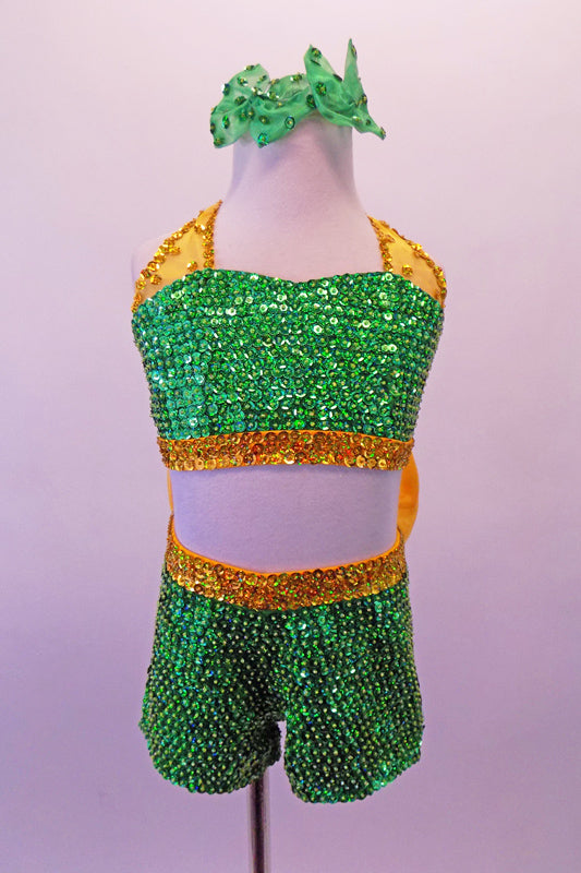 Two-piece costume is entirely green beaded sequin with gold sequin halter collar and banding. There is a large yellow organza bow with green sequin accents at the back of the shorts. Comes with green sequined hair bows. Front