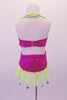 Fuchsia beaded sequin three-piece costume has bandeau style top with sheer pale green sequined sides that become the bands of the halter collar. The tie skirt is a wide beaded pink waistband with sheer pale green chiffon skirt that has green dangling circle sequins. Comes with green & pink floral hair accessory. Back