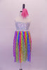 Empire waist camisole dress has a white sequin bodice and sheer knee-length rainbow coloured skirt with wave design. Comes with a curly pink hair accessory. Front