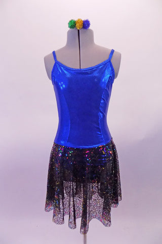 Shiny blue princess cut leotard dress has a low scoop back and an attached sheer black skirt with iridescent sequin detail. Simple yet pretty as a base of finished costume. Comes with a gold hair accessory. Front