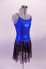 Shiny blue princess cut leotard dress has a low scoop back and an attached sheer black skirt with iridescent sequin detail. Simple yet pretty as a base of finished costume. Comes with a gold hair accessory. Side