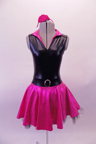 Fifty’s style dress had black leatherette sleeveless upper with a pink fold-out V-neck collar. Comes with a gold hair accessory. The attached hot-pink circle skirt has built-in tulle petticoat for volume. The faux belt waistband has a front buckle accent. Comes with matching headband accessory. Front