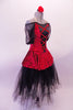 Romantic tutu has a red velvet rose pattern bodice & peplum overlay. The torso has a black & red corset style front that highlights the sheer sleeves & the off-shoulder neckline. Nude halter strap keeps the costume in place. Layers of black tulle make up the long tutu skirt. Comes with a rose hair accessory. Side