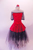 Romantic tutu has a red velvet rose pattern bodice & peplum overlay. The torso has a black & red corset style front that highlights the sheer sleeves & the off-shoulder neckline. Nude halter strap keeps the costume in place. Layers of black tulle make up the long tutu skirt. Comes with a rose hair accessory. Back