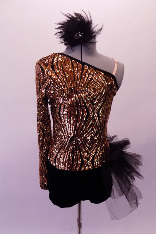 Short unitard is a single shoulder long sleeve torso with a black bottom. The top is a stunning geometric design of gold sequins that highlights the single shoulder design. The finishing touch is the tulle pouffe hip bustle on the left hip Comes with matching hair accessory. Front