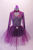 Purple short unitard with iridescent sequins has peek-a-boo front with purple mesh shoulders and long sleeves. The large open keyhole back creates a beautiful look. The long soft purple, open-front long tutu has a beautiful crystal rose brooch accent, Comes with a purple floral hair accessory. Front
