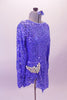 Soft blue sequined angle dress has long sleeves and an open back with center reinforcing back strap. The right side of the skirt is shorter with a large crystal brooch accent at the hip Comes with matching blue hair accessory. Side