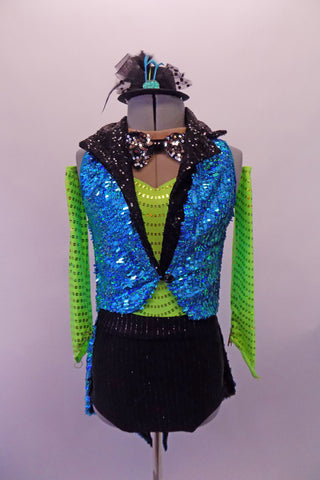 Leotard has a lime green faux sweetheart bustline with a nude sheer upper chest & sequined bowtie accent. The bottom is a black pin-striped brief cut with wide waistband. There is a bright turquoise pop in the sequined, removable tailcoat vest with black lapels. Comes with green long gauntlets & mini top hat accessory. Front