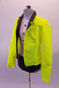 Two-piece costume has a black and white leotard base with black brief style bottom and high neck white, zip back sleeveless top with black jewelled button accents. The bright neon yellow blazer with black lapels is what really makes the bold statement. Comes with a black fedora. Side
