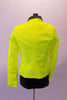 Two-piece costume has a black and white leotard base with black brief style bottom and high neck white, zip back sleeveless top with black jewelled button accents. The bright neon yellow blazer with black lapels is what really makes the bold statement. Comes with a black fedora. Back