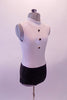 Two-piece costume has a black and white leotard base with black brief style bottom and high neck white, zip back sleeveless top with black jewelled button accents. The bright neon yellow blazer with black lapels is what really makes the bold statement. Comes with a black fedora. Right side no blazer