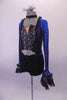 Short Gothic style unitard has a black bottom with a royal blue velvet brocade top & keyhole back. The front of the torso is black & silver print with a peaked bodice edged with black lace ruffle. The long trumpet sleeves have layered black lace.  Comes with black  appliqued belt, velvet choker & silver hair accessory. Side