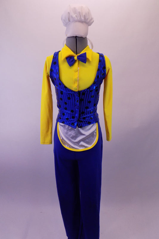 3-piece costume has a bright yellow button front collared shirt with attached blue bow tie. A blue pinstripe black polka dot vest that gathers at the back sits over the shirt & compliments the blue stretch fabric trousers with an attached white mini apron. Comes with white plush chef hat accessory with elastic. Front