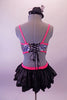 Iridescent fully sequined, strappy half-top & pink sequined brief with attached open front ruffled black bustle skirt. The pieces are connected by a series of criss-cross black & pink straps at the front and sides. The back of the half-top laces up to match the theme. Comes with a black mini top hat accessory. Back