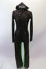 Fully sequined full unitard is black along the entire front and neon green along the entire back. The long black sleeves and black sequined hood break up the symmetry. Comes with black top and green palmed gloves. Front