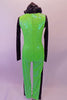 Fully sequined full unitard is black along the entire front and neon green along the entire back. The long black sleeves and black sequined hood break up the symmetry. Comes with black top and green palmed gloves. Back