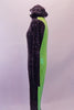 Fully sequined full unitard is black along the entire front and neon green along the entire back. The long black sleeves and black sequined hood break up the symmetry. Comes with black top and green palmed gloves. Side