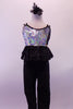 Glittery black jeans with crystal accents at the pockets, accompany a silver sequined half-top with wide double layered, crystalled, black lace ruffle below the bustline. The banding & double back straps are lined with crystals. Comes with long white crystalled gauntlets & hair accessory. Front