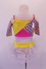 Two-piece pink yellow and silver paid patchwork half-top has ¾ cold shoulder sleeves with braided shoulder straps that extend into a necklace accent at the front. The bottom is a matching plaid patchwork brief with yellow waistband and white glittery curly hem, layered ruffle skirt. Comes with plaid tam hat. Back