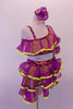 Purple organza ruffles with yellow trim create the uniqueness of this two-piece costume. The layered angled ruffles adorn the yellow, one-shouldered half-top and briefs with red-black-purple swirled banding lined with crystals. Comes with ruffled armband and hair accessory. Right side