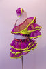 Purple organza ruffles with yellow trim create the uniqueness of this two-piece costume. The layered angled ruffles adorn the yellow, one-shouldered half-top and briefs with red-black-purple swirled banding lined with crystals. Comes with ruffled armband and hair accessory. Left side