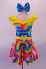 Colourful rainbow print dress with attached brief has yellow shoulders, waistband and ruffles cap sleeves. Comes with heart-shaped belt buckle accent, shiny blue sash and bow hair accessory. Front