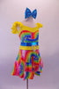 Colourful rainbow print dress with attached brief has yellow shoulders, waistband and ruffles cap sleeves. Comes with heart-shaped belt buckle accent, shiny blue sash and bow hair accessory. Side