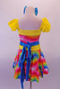 Colourful rainbow print dress with attached brief has yellow shoulders, waistband and ruffles cap sleeves. Comes with heart-shaped belt buckle accent, shiny blue sash and bow hair accessory. Back
