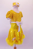 Yellow dress has sequined bodice with round neck, low scoop back & pouffe sleeves. The high waistband has a large white bow at front. The attached metallic yellow skirt has yellow marabou trim & matching white bow accents at the side gathers. Comes with a white feather boa, & a yellow pill hat with bow & birdcage veil. Side