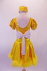 Yellow dress has sequined bodice with round neck, low scoop back & pouffe sleeves. The high waistband has a large white bow at front. The attached metallic yellow skirt has yellow marabou trim & matching white bow accents at the side gathers. Comes with a white feather boa, & a yellow pill hat with bow & birdcage veil. Back