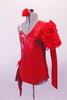 Red leotard has a single long sleeve with rose lace ruffled shoulder. The entire leotard is divided into angled sections. The top is a nude base with red French lace overlay. The section below is a shiny marble like stripe along the front, while the bottom section is a matte red. Right hip has red lace kerchief & rose. Left side