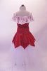 Beautiful red and pewter swirled off-shoulder leotard has an attached peplum overlay and a wide ruffle lace trim. The accompanying long white tutu skirt is layers of long white tulle. Comes with a crystal hair barrette. Back