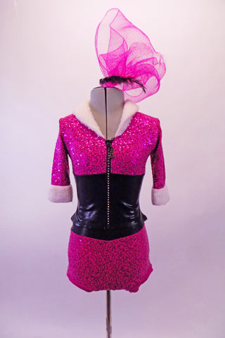 Two-piece costume has a sequined hot pink brief-style short and matching zip-front top. The top is a crystalled zipper, black leatherette midriff and white fur collar and cuffs. Comes with a large hair accessory. Front