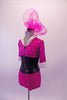 Two-piece costume has a sequined hot pink brief-style short and matching zip-front top. The top is a crystalled zipper, black leatherette midriff and white fur collar and cuffs. Comes with a large hair accessory. Side