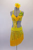Salsa dress in lemon yellow has a halter neck bra with cross back straps & lime green accent at the left shoulder. A yellow fringe accents the front of the bra & compliments the wide yellow fringe of the attached angled skirt. The skirt with brief is attached to the bra by a yellow band on left side of the torso. Front