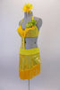 Salsa dress in lemon yellow has a halter neck bra with cross back straps & lime green accent at the left shoulder. A yellow fringe accents the front of the bra & compliments the wide yellow fringe of the attached angled skirt. The skirt with brief is attached to the bra by a yellow band on left side of the torso. Side