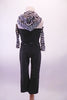Zootopia inspired black halter collar top has zebra print collar and hood. The matching black pants have a sequined belt. Comes with zebra print long gauntlets. Back