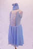 Pale blue chiffon dress has white lace front scattered with crystals and edged with silver braiding. The back is connected by a set of criss-cross straps lined with crystals. Comes with a chiffon scarf and matching hair accessory. Side