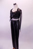 Black leatherette pants with crystal buckle has a matching bra with crystal accents. The black sheer glitter shrug ties at the front over the bra. Comes with leather bow hair accessory. Side