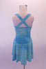 Dress has marbled and crackled look in shades of aqua blue crinkle chiffon with scattered glitter throughout. The wide cross-back straps and built-in brief keep the dress in place. Comes with matching hair accessory. Back