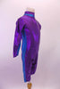 Biker length unitard is a purple metallic diving suit with teal stripe at sides, sleeves and collar.  It zips along the front all the way up to the neck. Comes with teal swimming cap with chin strap and purple sequin flower buttons. Side