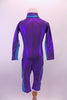 Biker length unitard is a purple metallic diving suit with teal stripe at sides, sleeves and collar.  It zips along the front all the way up to the neck. Comes with teal swimming cap with chin strap and purple sequin flower buttons. Back