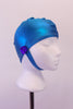Swimming cap with chin strap and purple sequin flower buttons.