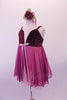 Sweet pink and burgundy dress has a burgundy velvet bust with scattered sequins and pale pink bust.  The pink and burgundy chiffon skirt extends from below the bust. Comes with a burgundy floral hair accessory. Side