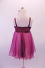 Sweet pink and burgundy dress has a burgundy velvet bust with scattered sequins and pale pink bust.  The pink and burgundy chiffon skirt extends from below the bust. Comes with a burgundy floral hair accessory. Back