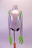 Silver, princess seamed leotard has green shoulders, high neck, zip-back and long sleeves. The sleeves have green, three-fingered plush hands and attached mitts/gloves. Comes with a separate silver hood with a disc-like hat that secures with a double clear elastic. Front
