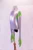 Silver, princess seamed leotard has green shoulders, high neck, zip-back and long sleeves. The sleeves have green, three-fingered plush hands and attached mitts/gloves. Comes with a separate silver hood with a disc-like hat that secures with a double clear elastic. Side