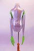 Silver, princess seamed leotard has green shoulders, high neck, zip-back and long sleeves. The sleeves have green, three-fingered plush hands and attached mitts/gloves. Comes with a separate silver hood with a disc-like hat that secures with a double clear elastic. Back